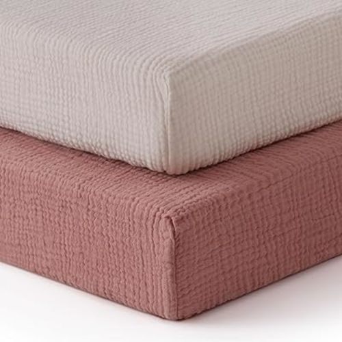 Blissful Diary Muslin Crib Sheets for Girl Boy, Boho Neutral Soft Cotton Baby Sheet for 52''x28'' Standard Crib Mattress, 2 Pack(Dusty Pink&Cream)
