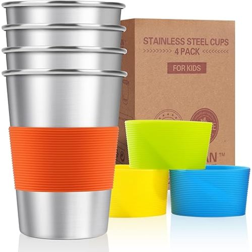 Stainless Steel Cups for Kids with Silicone Sleeves 8oz/240ml (4 Pack), Stainless Steel Tumbler, Kids Cups, Camping Stainless Steel Cups, Stackable Durable Metal Drinking Glasses, BPA Free