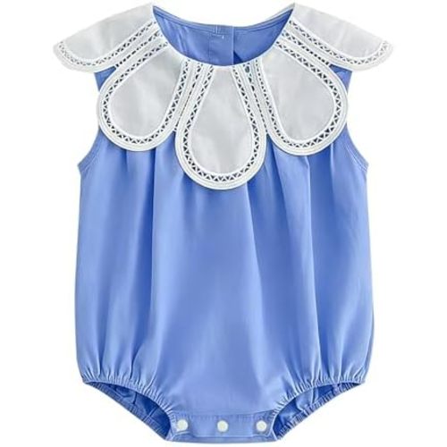 Baby Girl Petal Collar Romper, Cotton Sleeveless Ruffle Bodysuit for Newborn Infant, Vintage Lace Trim One Piece