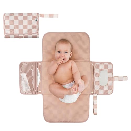 Tiny Twinkle Portable Diaper Changing Pad, Foldable Waterproof Baby Change Pad for Newborn Girl & Boy with Smart Wipes Pocket (Beige Checkers)
