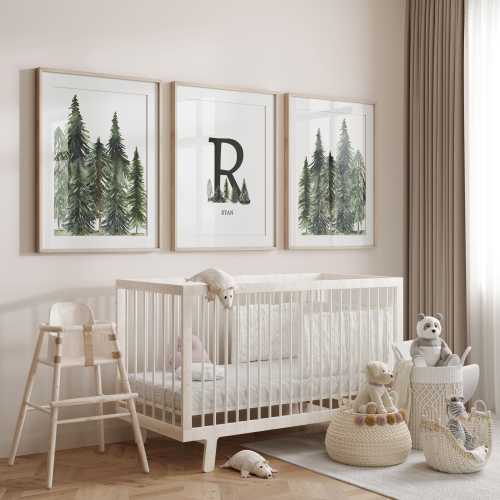 Pine Tree Nursery Decor | Personalized Nursery Prints | Forest Nursery Prints | Woodland nursery wall art prints | Set of 3 Canvas Prints