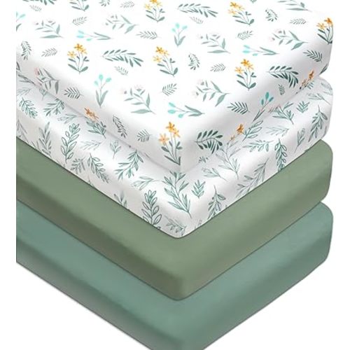 4 Pack Sage Green Fitted Nursery Sheets Neutral Unisex Baby Breathable Sheets for Boys or Girls with Leaf and Flower Design (Crib Sheet)