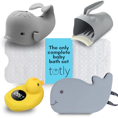 totly 5pcs Baby Bath Essentials Set - Complete Bathtime Kit with Rinse Cup, Spout Cover, Kneeler, Thermometer & Non-Slip Mat for Newborn