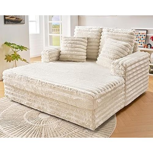 VanAcc 53 Inch Chaise Lounge Indoor, Upholstered Sofa Bed with Throw Pillows and Armrests, Sleeper Chair- Plush Chair Bed for Living Room, Off-White
