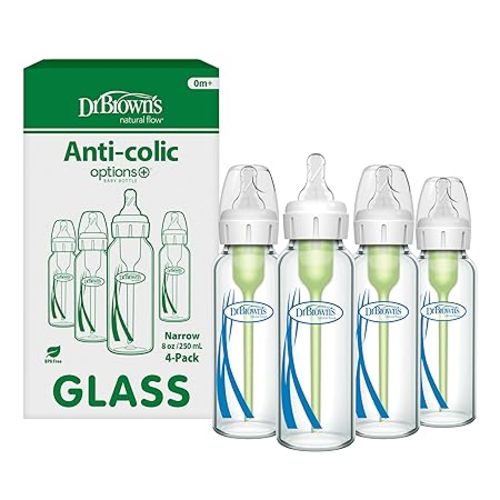 Dr. Brown's Natural Flow Anti-Colic Options+ Narrow Glass Baby Bottle 8 oz/250 mL, with Level 1 Slow Flow Nipple, 4 Pack, 0m+