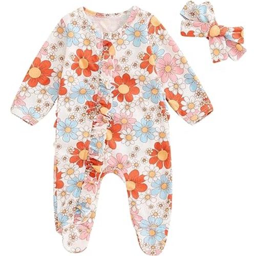Newborn Outfits Baby Girl Floral Print Ruffle Romper Jumpsuit Long Sleeve Zipper Bodysuit Fall Winter Clothes