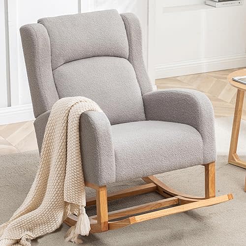 Rocking Chair Nursery, Nursery Rocking Chairs with Foot Rest, Comfy Teddy Glider Rocker Nursing Chair with Wingback for Nursing, Living Room, Bedroom, Teddy Grey