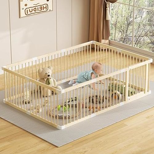 LOVMOR Large Wooden Baby Playpen, Adjustable Gate for Toddler and Babies, Foldable Baby Fence Play Yard with Door (56 * 83 * 24 Inch)