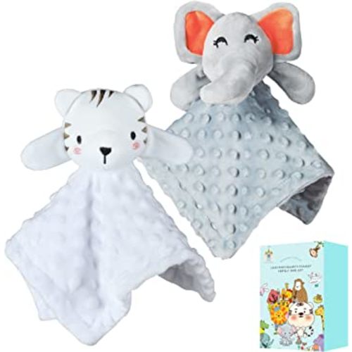 Cute Castle Security Blanket for Babies Gifts - Soft Unisex Newborn Essentials for Boys and Girls - Neutral Baby Stuff Snuggle Toy - Baby Registry Search Shower (Tiger & Grey Elephant)