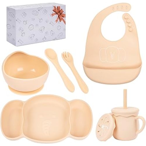 Silicone Baby Feeding Set, 6 PCS Baby Led Weaning Supplies, Toddlers Suction Plates with Bowl Spoon Fork Sippy Cup Bib, Baby Eating Utensils (Pink)