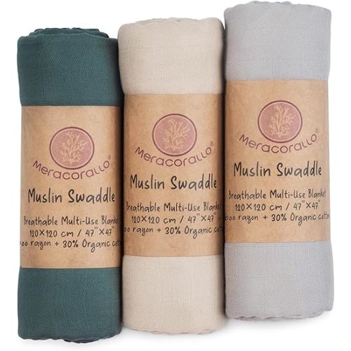 Meracorallo Muslin Swaddle Blanket Silky Soft Receiving Blanket Neutral Swaddle Wrap for Baby Boys and Girls, 47 x 47 inches, Set of 3 Solid Color (Green+Beige+Gray)