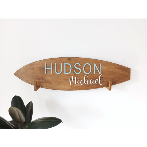 Personalized Surfboard Sign 3D Wooden Above Crib Name Sign Baby Surf Wall Art Nursery Decor Baby Shower Beachy Themed Kids Room