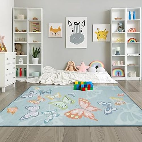 STARUIA 5x7 Girls Rugs for Bedroom, Washable Kids Rugs for Palyroom, Non Slip Soft Kids Room Nursery Butterfly Rug, Non Shedding Baby Carpet for Daycare Castle Dorm Indoor Decor(Blue,5'x7')