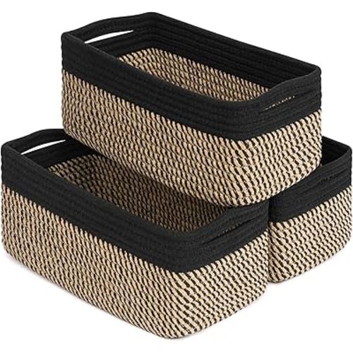 Goodpick Storage Baskets, Shelf Baskets for Organizing Dog Toy Basket Closet Organizer Bins Nursery Woven Basket for Storage Cube Decorative Box 3 Pack, Black & Jute, 13 x 8 x 5 in