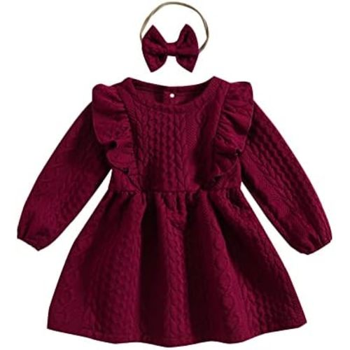 Baby Girl Knit Dress Long Sleeves Sweater Dress Toddler Fall Winter Outfits with Bowtie
