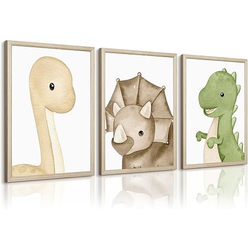 Dinosaur Wall Art Kids Boys Room Canvas Wall Decor Dino Nursery Wall Art Pictures Baby Dinosaur Poster Prints for Boys Bedroom Bathroom 16x24 Inch Wood Framed Set of 3