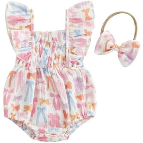 Baby Girl Ruffle Bubble Romper Smocked Flutter Sleeve Bodysuit with Bow Infant Summer Clothes