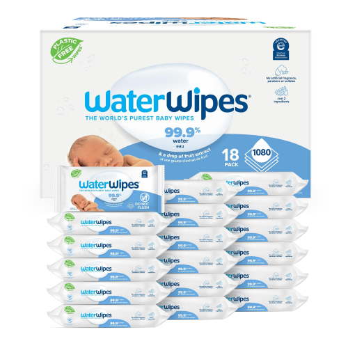 WaterWipes Original Baby Wipes, 99.9% Water, 3-In-1 Cleans, Cares, Protects, Unscented & Hypoallergenic, 1080 Count (18 Packs), Packaging May Vary