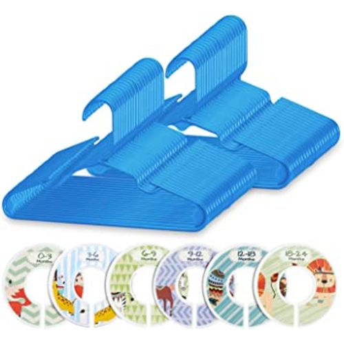 Minnebaby Plastic Baby Hangers 60 Pack, Ultra Thin No Slip Infant Nursery Clothes Hangers with 6 Pcs Cute Clothing Dividers for Boys & Girls Closet Organizer, Blue Kids Hangers