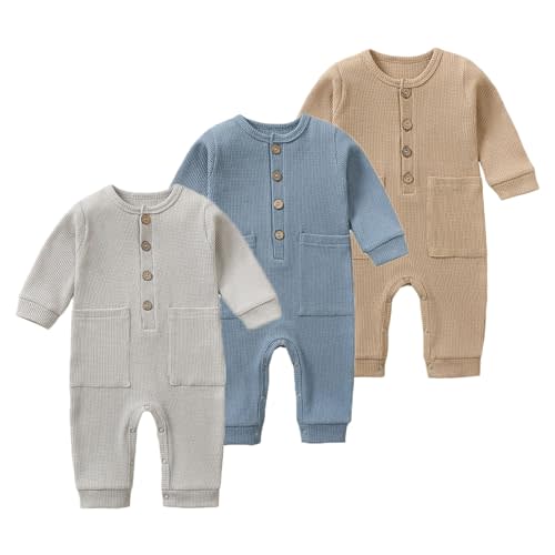 BeiVSlley Newborn Baby Boy Girl 2 Pack Button Solid Romper Infant Long sleeve Knit Cotton Footless Outfits Clothes