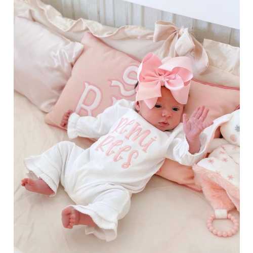 Baby girl coming home outfit, monogrammed ruffle romper, pima cotton, sk creations, Preemie, Newborn