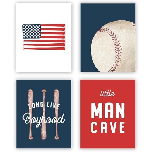 heilkee Baseball Wall Art Boys Room Decor Vintage Sports Theme Wall Decor for Teen Boys Bedroom Nursery Set of 4 Prints(UNFRAMED 8x10in)