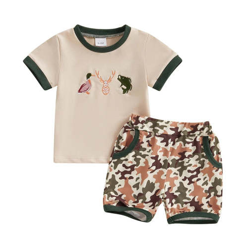 12-18 month Beige Baby Toddler Boys 2Pcs Summer Outfit Duck Embroidery Short Sleeve Top – August + Willow