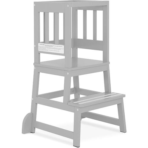 2-in-1 Funtastic Tower and Step Stool, Easy to Assemble, Multi-Purpose Stool with Non-Toxic Paint Finish, Made of Solid Pinewood, Cool Grey