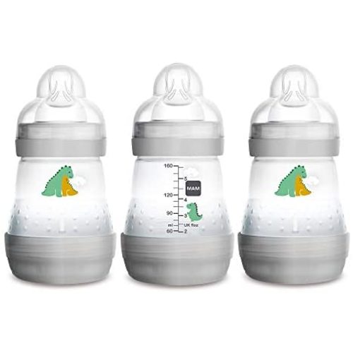 MAM Easy Start Anti-Colic Bottle, 5 oz (3-Count), Newborn Essentials, Slow Flow Bottles with Silicone Nipple, Unisex Baby Bottles, Designs May Vary