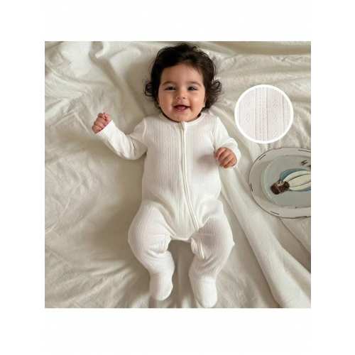 Loomiva Newborn Baby Boy/Girl Simple Solid Color Comfortable Homewear, Textured Homewear Suitable For Winter Baby Casual Zipper Romper Baby Bamboo Fiber Zip Up Baby Bamboo Romper Baby Knit Jumpsuit Neutral Baby Clothes Unisex Baby Zipper Romper White Knit