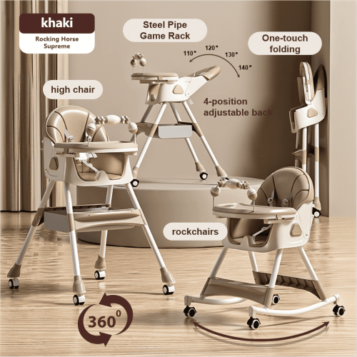 5-in-1 Convertible High ChairBaby swing & Baby Feeding Chairs & Baby scooter with Portable Dining Chairs and Toy Rack for 0-36 Months,KHAKI