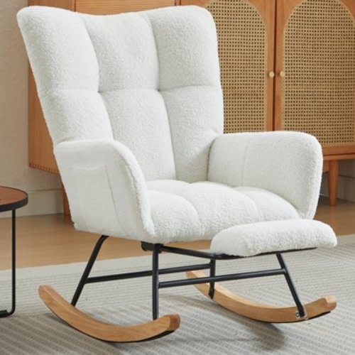 PAPROOS Velvet Nursery Rocking Chair, High Back, Comfortable Armchair with Side Pocket, Beige