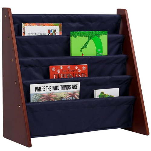 Wildkin Kids Canvas Sling Book Shelf for Boys and Girls, Wooden Design Features Four Shelves - Cherry w/ Blue