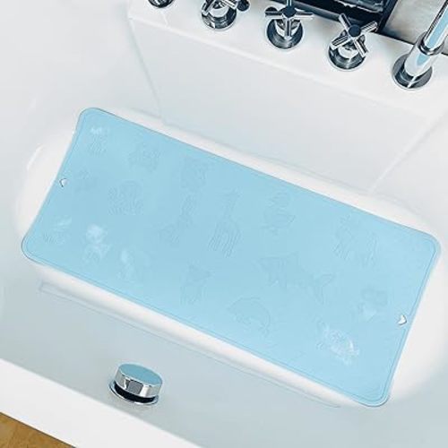 Silicone Non Slip Kids Bath Tub Mat - Anti-Slip Bathtub Mat for Baby Toddler & Adults, Bathroom Shower Safety Mat, Slip-Resistant, 35 x 15 Inches (Light Blue)