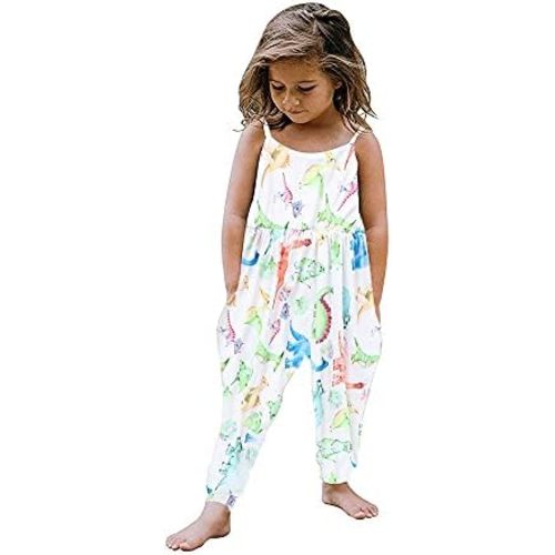 Toddler Baby Girl Jumpsuit One Piece Dinosaur Sleeveless Strap Romper Harem Pant with Pockets Summer Outfit Clothes