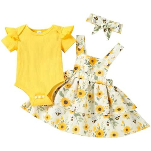 Baby Girl Summer Clothes Outfits Short Sleeve Cute Romper Overall Skirt Dress Headband 3PCS Newborn Outfit