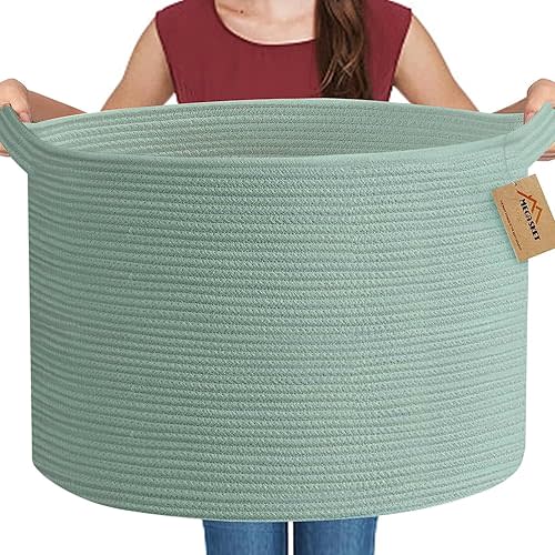 Extra Large Green Basket, 22" X 22" X 14" Woven Cotton Rope Baskets for Storage, Large Wicker Basket, Green Toy Storage Bins Basket, Green Room Office Decor Baskets for Organizing, XXL Basket