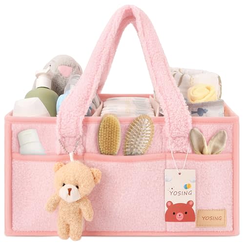 YOSING Diaper Caddy Organizer, Baby Diaper Caddy for Changing Table, Nursery Storage and Car Organizer for Diapers and Baby Wipes, Pink