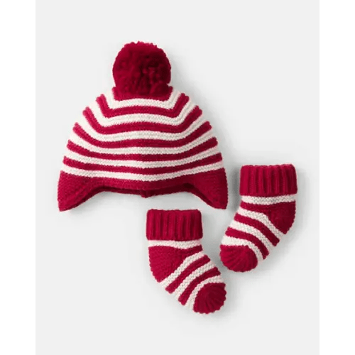 Baby Striped Crochet Pom Winter Hat & Socks Set - Red/White | Carter's