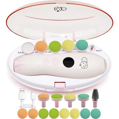 Rechargeable 22 in 1 Baby Nail Trimmer, Usage Labeled Case, 13 Extra Replacement Tools, Royal Angels Baby Electric Nail File, Nail Care Newborn Nail Clipper Toddler Nail Kit (Rechargeable, WhitePink)