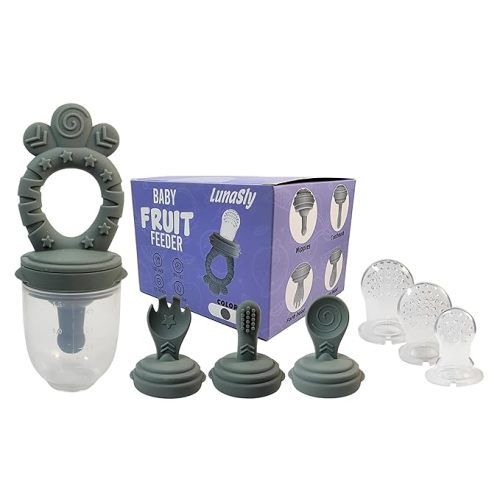 LunaSly Baby Food Feeder/Fruit Feeder Pacifier Set – Infant Teething Toy Teether w/Spoon, Spork, Toothbrush, and Pacifier – Perfect Baby Teether & Fruit Feeder for Fun & Healthy Meals (Gray)