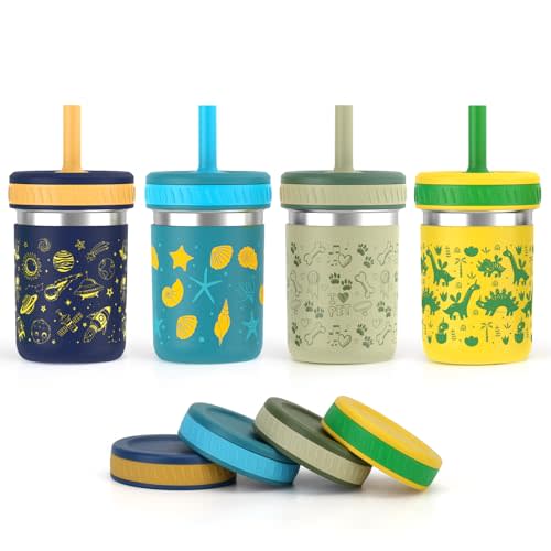 Sursip Toddler Cups with Straws and lids, Kids 10 oz Stainless Steel Spill-Proof Sippy Cups Smoothie Snack Water Drinking Jars, BPA-Free, Dishwasher Safe, with Box