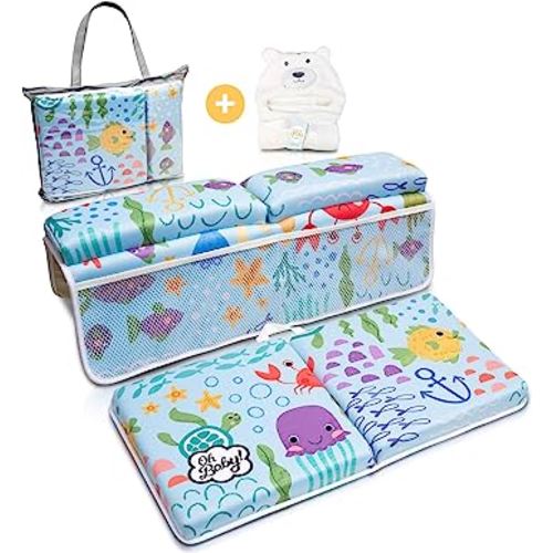 Bath Kneeler and Elbow Rest Pad Set - Includes Hooded Baby Towel, Baby Bath Cushion with 1.5" Neoprene Padding, 8 Suction Cups - Bath Tub Kneeler and Elbow Rest, 4 Mesh Pockets for Bath Essentials