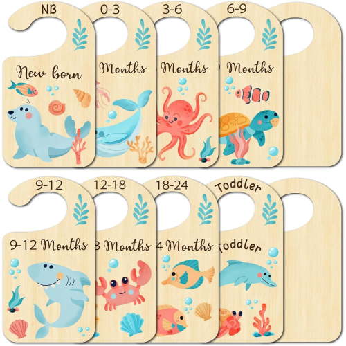 10Pcs Ocean Animal Wood Baby Wardrobe Dividers Clothes Size Dividers Closet Organizers Nursery Decor from Newborn to 36 Month Hanger Baby Infant Wardrobe Divider for Newborn Baby Shower for DIY