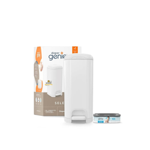 Diaper Genie Select Pail is Made of Durable Stainless Steel and Includes 1 Starter Square Refill That can Hold up to 165 Newborn-Sized Diapers.