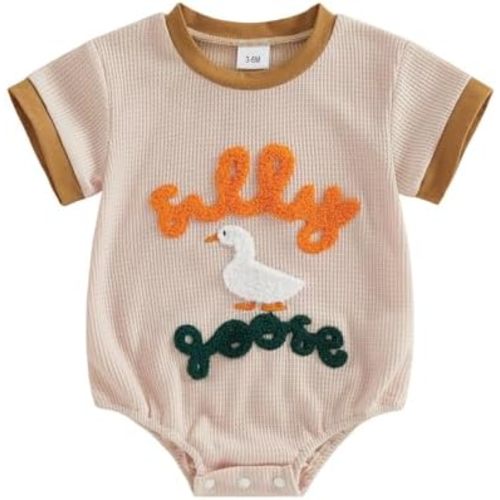 Baby Boy Girl Outfit Silly Goose Embroidery Crew Neck Waffle Knit Short Sleeve Romper Infant Bodysuit Summer Clothes