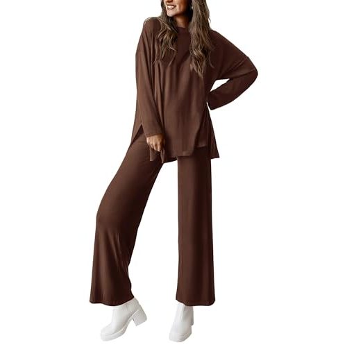 PRETTYGARDEN Women's Two Piece Lounge Sets Matching Long Sleeve Shirts Wide Leg Pants Tracksuits Travel Outfits Fall Clothes