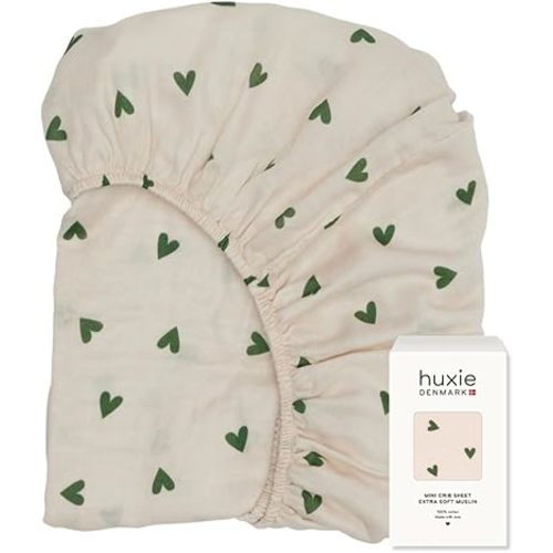 Denmark - Super Soft Muslin Mini Crib Sheets - 24'' x 38'' - 100% Organic Baby Crib Sheets for Boys and Girls (Green Hearts)