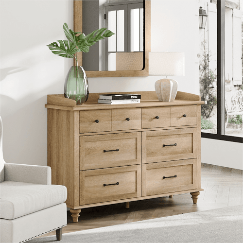 Wood Kids Dresser with 6 Drawers, Oak Nursery Dresser Chest of Drawers, Mid-Century Dresser for Bedroom