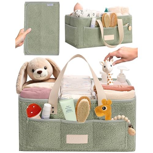 Baby Diaper Caddy Organizer with Portable Changing Mat - Teddy Fleece Diaper Organizer for Changing Table - Basket for Changing Essentials - Baby Essentials Organizer with Removable Dividers